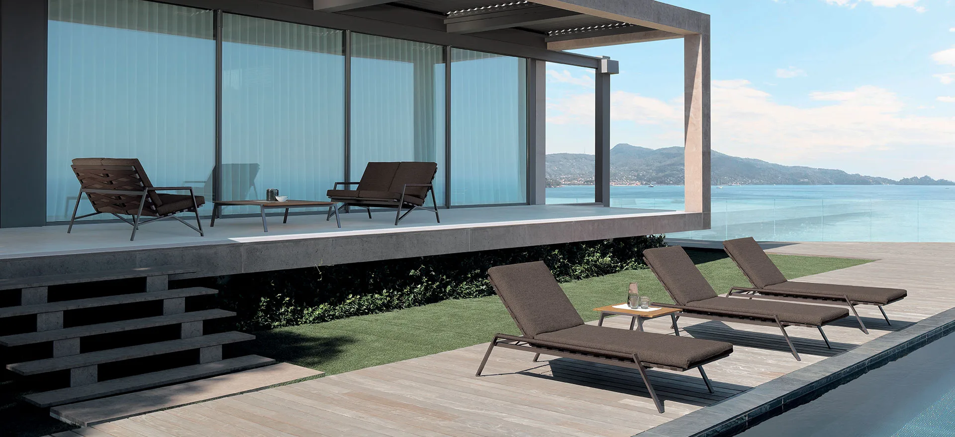 Talenti Cottage outdoor sofa by Ramon Esteve with padded cushions that carry a TB 117-2013 label